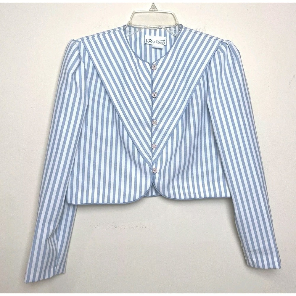 Roe Frocks New York Womens Crop Jacket Blue White Striped Long Sleeve 70s VTG 10